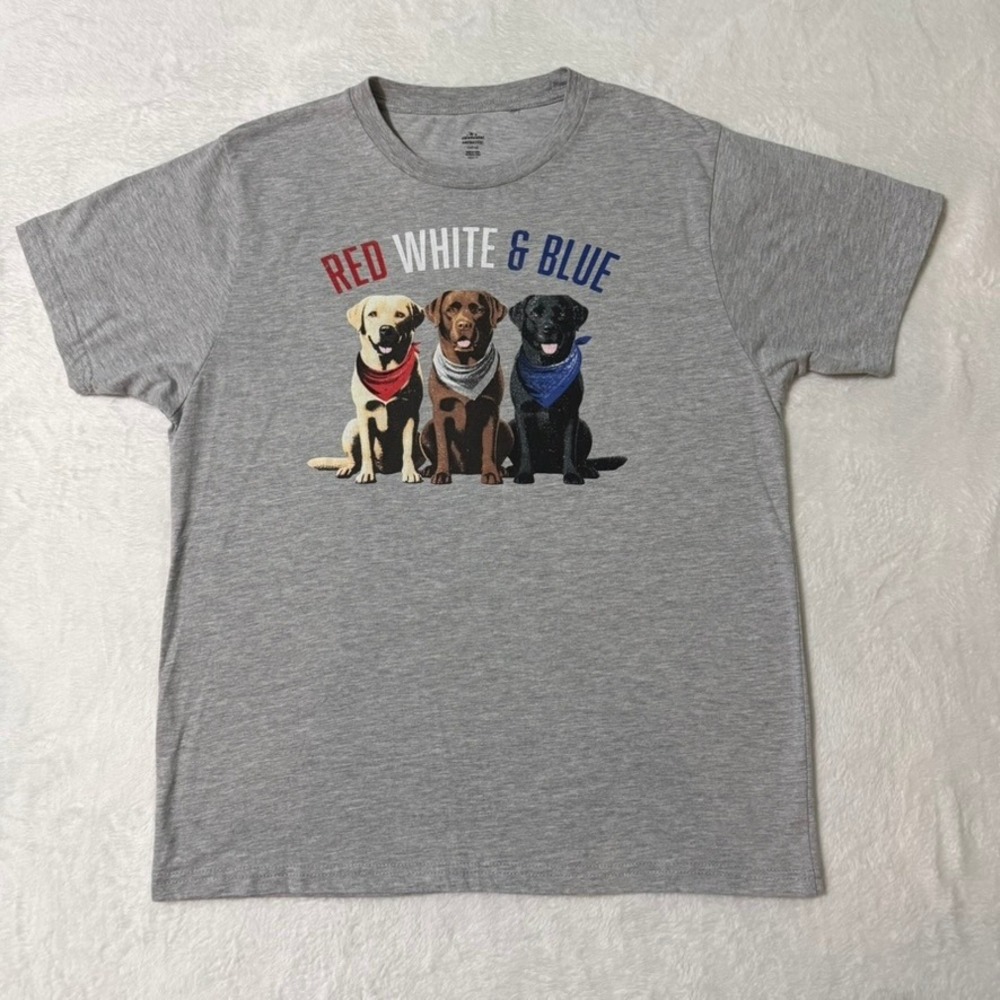 Way to Celebrate T-Shirt Mens L Gray Red White Blue Labrador Dogs Patriotic